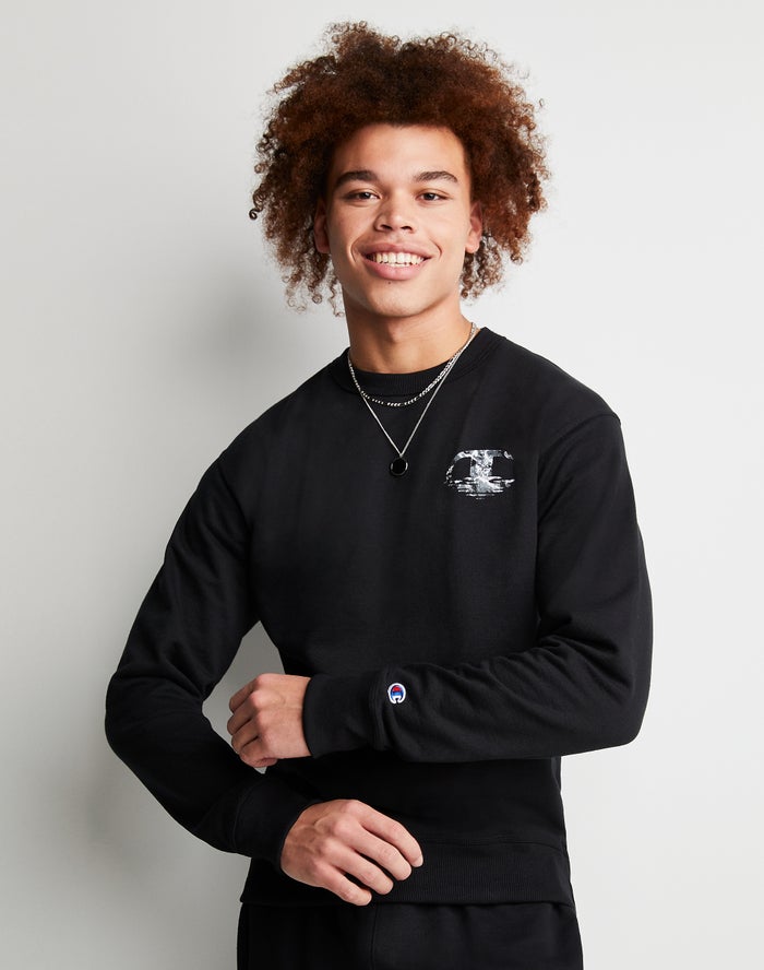 Champion Powerblend Fleece Crew Chasing Waves - Miesten Mustat Collegepaita - Suomi 8390546-JQ